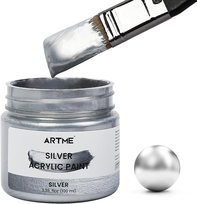 ARTME Metallic Silver Acrylic Paint, 100ml Silver Paint for Art, Hand-crafts, Non-Toxic, Non-Fading, Ideal for Canvas, Wood, Fabric, Ceramic, Stone Craft Supplies