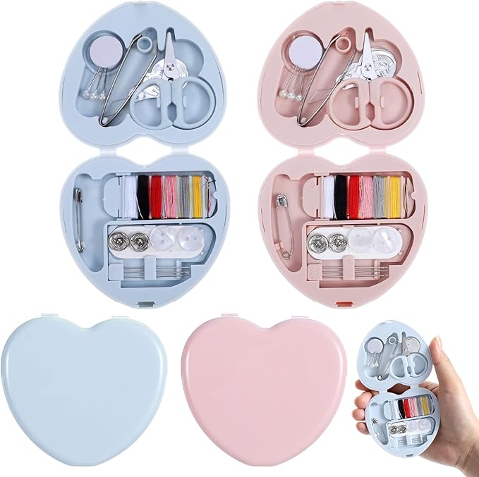Grevosea 2 Pack Mini Travel Sewing Kit, Heart Shaped Portable Travel Sewing Repair Mini Box Beginner Emergency Repair Kit with Threads Scissors DIY Hand Sewings Needles Blue Pink