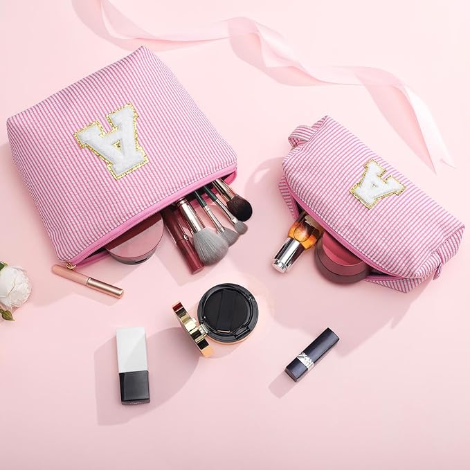 YOOLIFE Personalized Birthday Gifts for Women Teacher, Initial Cute Pink Cosmetic Makeup Bag Pouch Case Travel Toiletry Make Up Bag for Women Friends Female Friendship Girlfriend Wife Gifts Idea D