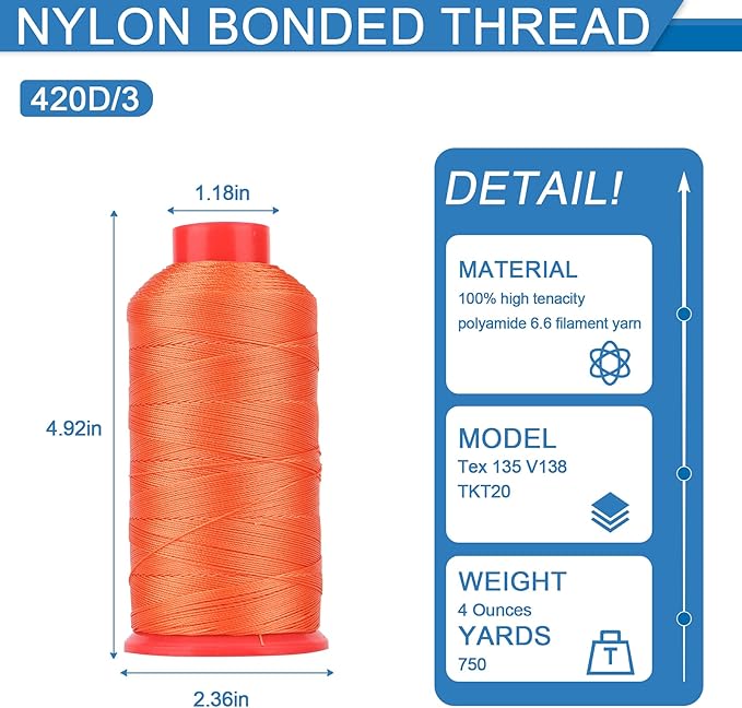Heavy Duty Bonded Nylon 66 Sewing Thread 420D/3 T135#138 750 Yards for Canvas Furniture Upholstery Leather Goods Leather Footwear Outdoors(519, 420D/3)