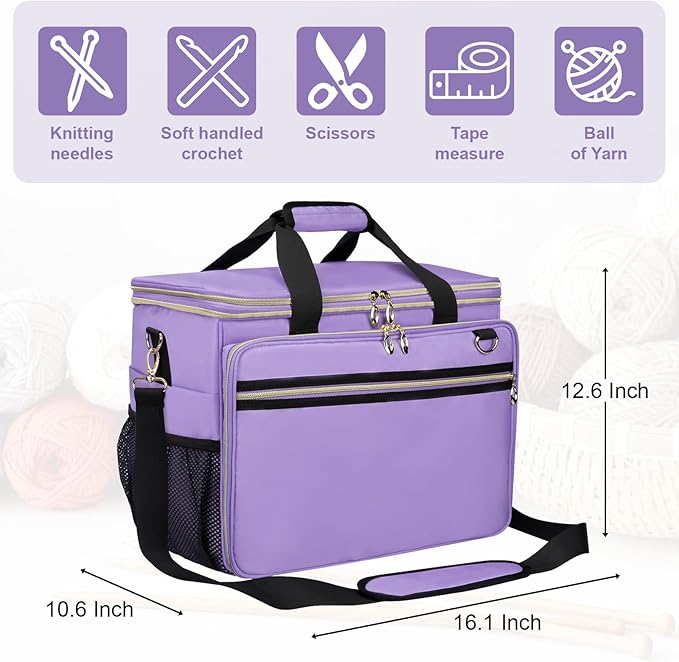 Anitor Large Crochet Bag Knitting Bag Yarn Storage Tote, Yarn Bag with Clear Top Lid, Unfinished Project Compartment, 6 Yarn Holes. Holds Knitting Needles, Crochet Hooks, Yarn, Purple, (Bag Only)