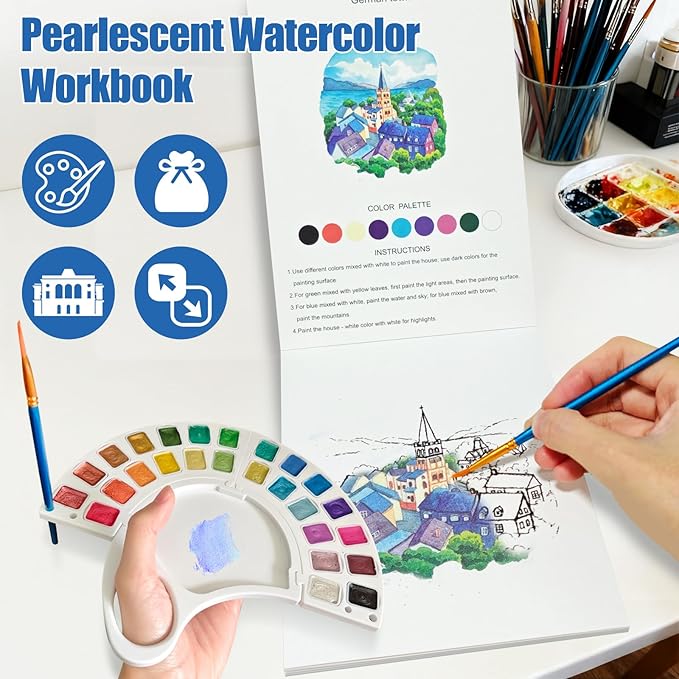 Watercolor Workbook & Water Coloring Book, 13 Pages 300GSM Paper, 26-Color Watercolor Paint Set with Brush & Storage Bag, Beginner-Friendly Coloring Book for Adults — Scenic Architecture Theme