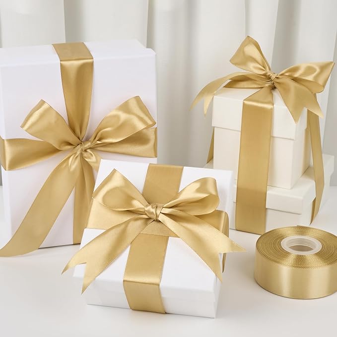 1-1/2 Inch Wide Champaign Gold Satin Ribbon, 50 Yards Solid Polyester Fabric Ribbon for Roses Making, Gift Wrapping, New Year Eve Party, Wedding Decorations, Crafts, Bows