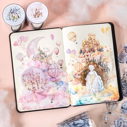 Cloud-Themed Pre-Cut PET Tape Set, 6 Rolls of Fantasy Castle and Balloon Stickers for Scrapbooking, Journaling, and DIY Craft Supplies