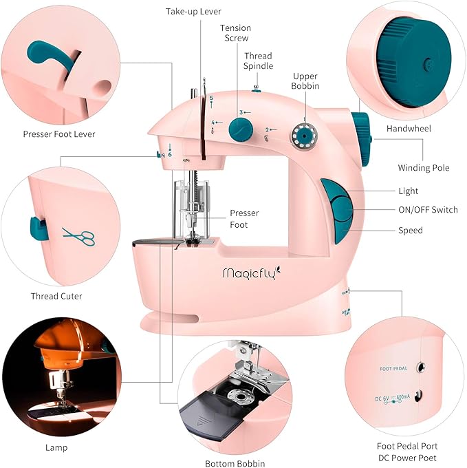 Magicfly Mini Sewing Machine with Extension Table, Dual Speed Portable Sewing Machine for Beginners with Light, Sewing Kit for Household Use, Pink