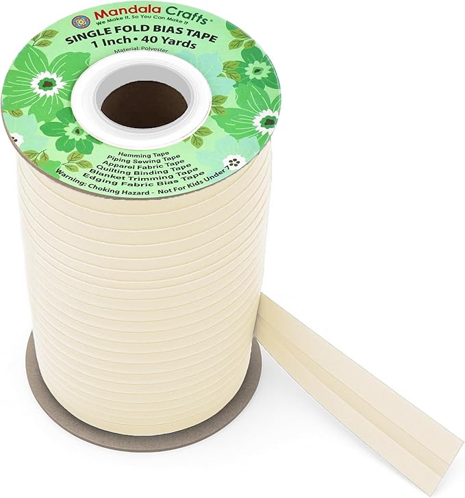 Mandala Crafts 1 Inch Single Fold Bias Tape for Sewing, Quilting, Piping, Hemming, Blanket & Quilt Binding – 40 Yards Cream Fabric Seam Binding Tape