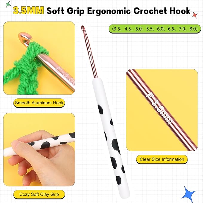 Katech Ergonomic Crochet Hook, Aluminum Soft Grip Crochet Hooks for Beginners and Arthritic Hands, Soft Clay Crochet Needle with Cow Motif and Bead Chain-Ideal Gift for Crocheter (3.5mm)