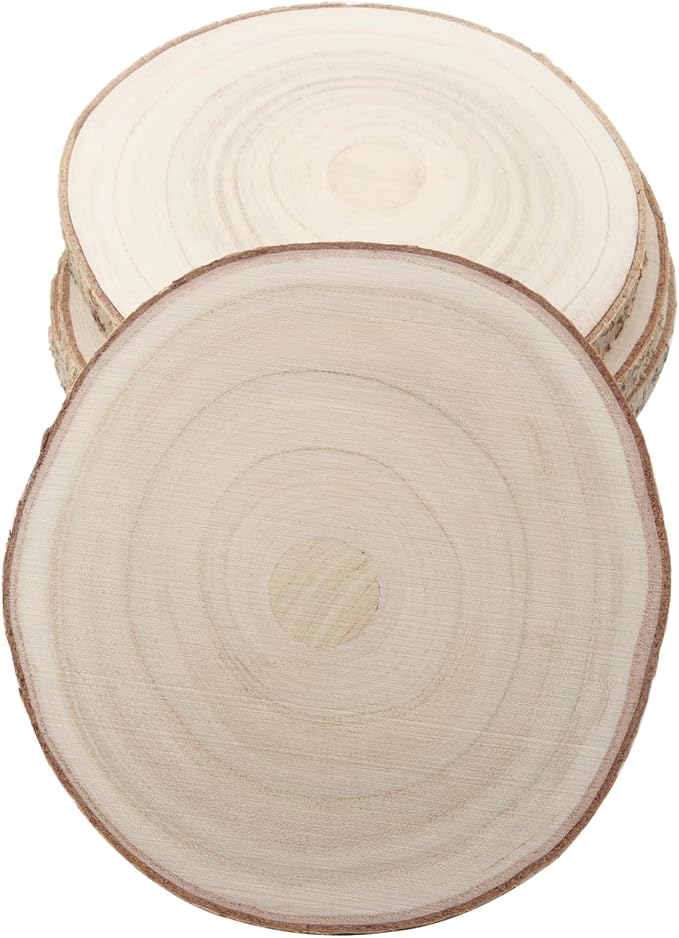 KINJOEK 6PCS 9-10 Inch Large Natural Wood Slices with Bark, Unfinished Wooden Table Coasters Circles, Blank Round Wood Ornaments Slice Bulk for Centerpieces DIY Craft Wedding Party Christmas Decor