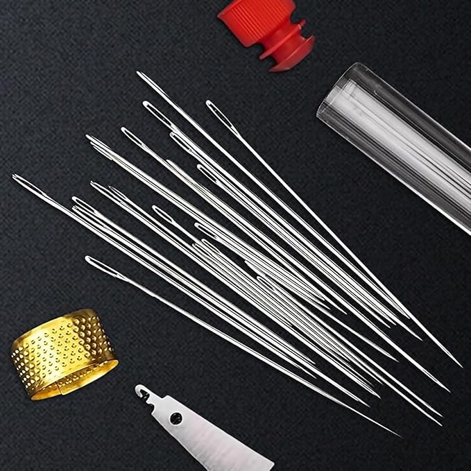 Big Eye Steel Sewing Needles Kit, 34PCS Big Eye Steel Needles Set - Long & Thin Handmade Quilting & Sewing Needles Kit, Portable Sewing Kit in Faux Leather Case, for DIY Sewing