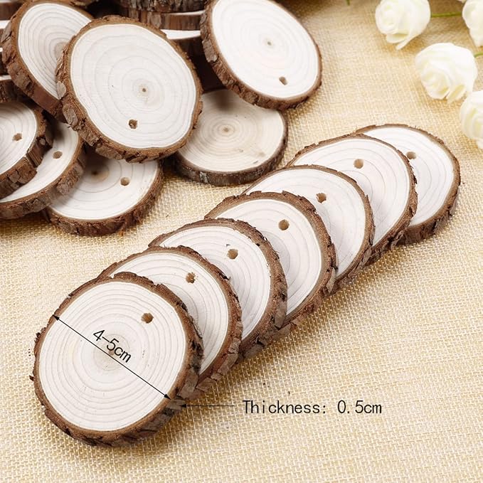 50pcs Wood Slices, BetterJonny 1.6-2 inch Undrilled Wooden Circles Predrilled with Hole Natural Wood Ornaments with 10 Meters Jute Rope for Arts DIY Craft