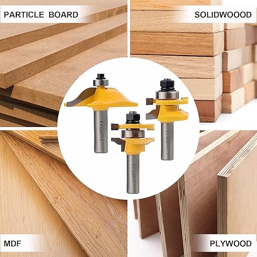 Exqutoo 3PCS 1/2" Shank Router Bit Set, Raised Panel Cabinet Door Making Router Bits, Cemented Carbide Router Bits, Woodworking Tools Router Door & Window Bits (Tenon Joint Cutter Diameter: 1-5/8")