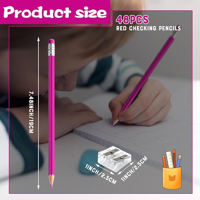 48 PCS Pink Checking Pencils Erasable Colored Pencils with Eraser Pre-Sharpened 2 HB for Checking, Grading, Tests & Office/School Supplies (Pink)