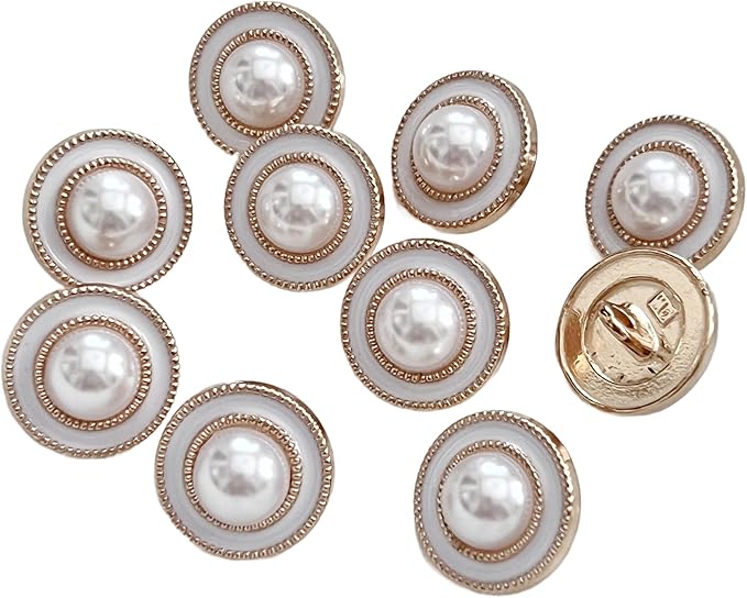 PEPPERLONELY 10PC Faux Pearl Metal Buttons for Clothing, Jeans, Crafts, Pants, Blazer, Sewing, Jacket, Jewlery Making (Gold/White, 15mm)