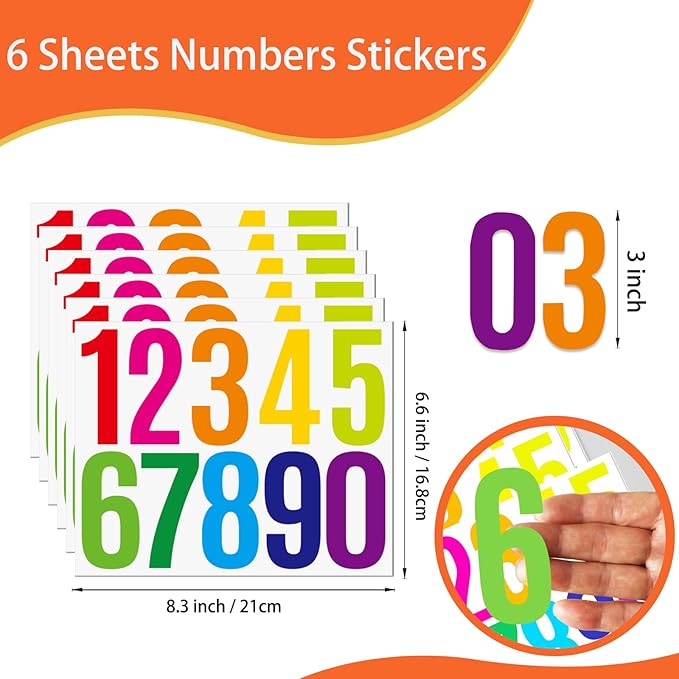 6 Sheets 3 Inch Mailbox Numbers Stickers Vinyl Decals,Self Adhesive Number Waterproof House Address Numbers for Outside Mailbox,Signs,Window,DIY Crafts Making,Door,Car,Home,Business(Multicolor)