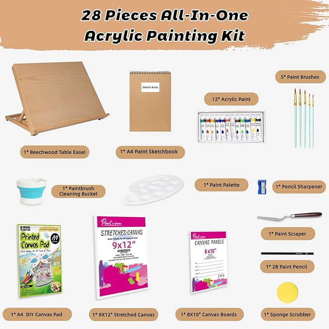 28PCS Tabletop Easel Set with 12 Acrylic Paints | 5 Brushes | 9x12 Canvas & 8x10 Panels | Palette | Sketchbook | Cleaning Bucket | Canvas Pad | Art Painting Kits for Adults, Kids & Artists