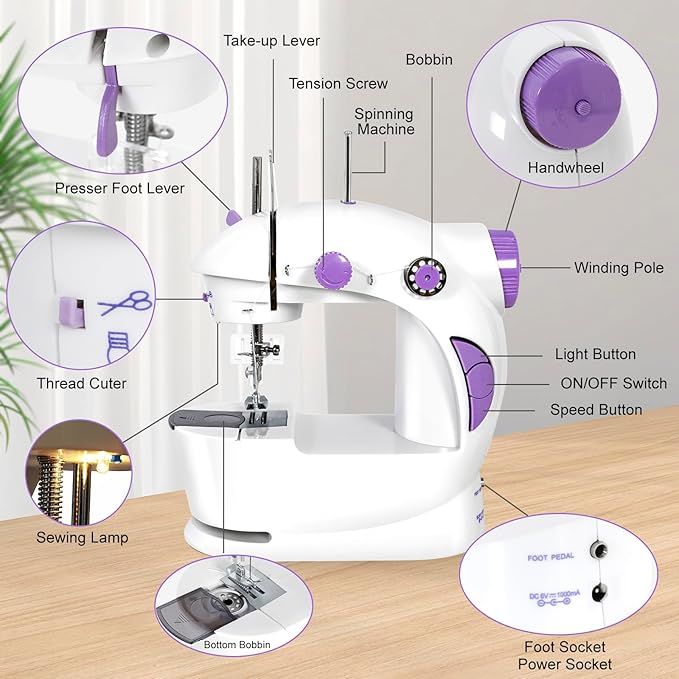 EASYBERG Mini Sewing Machine for Beginners, Dual Speed Easy Automatic Sewing Machine with Expansion Table, Sewing Tool and Needle Shield Suitable for Family and Travel