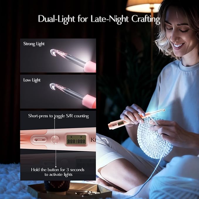 knitly Light Up Crochet Hooks Set with Digital Counter,18 Size Counting Crochet Hook with 2.0–14.0 mm Interchangeable Hooks,Ergonomic Crochet Kit&Gift for Arthritic Hands