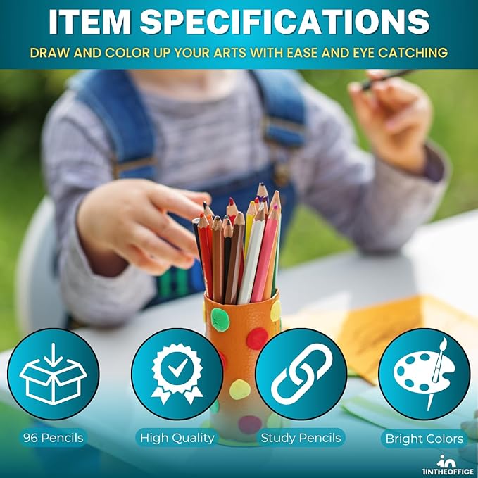 1InTheOffice Colored Pencil, Colored Pencils for Kids, Art Colored Pencils, Pre-Sharpened Pencil Set, (96 Pack)