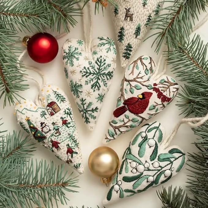 Froklic New Christmas Embroidery Kits, DIY Heart Shaped Hand Christmas Tree Embroidered Ornament Kit, Nativity Cross Stitch Kit for Winter Pattern Embroidery Decoration (with Needles-8PCS)