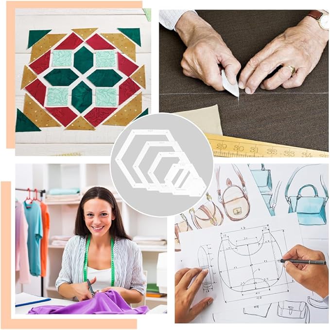 BENECREAT 5 Sizes Hexagon Quilting Template, Acrylic Intricate Sewing Machine Ruler with 0.14Inch Hole for DIY Hand Patchwork Craft