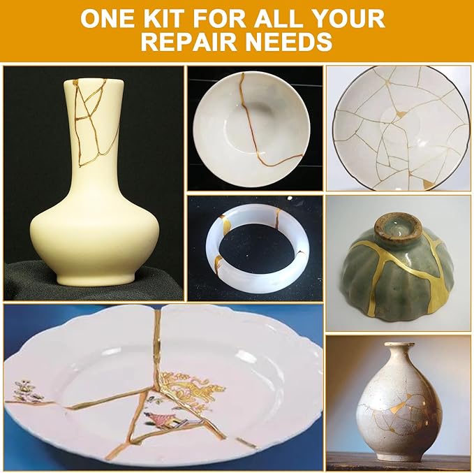 deuvuo Kintsugi Repair Kit Gold, 21 Pcs Authentic Kintsugi Repair Kit to Revive Your Broken Ceramic, Pottery, Mug, Bowl, Glass Keepsakes with Ease - Japanese Art DIY Set Bio for Beginners