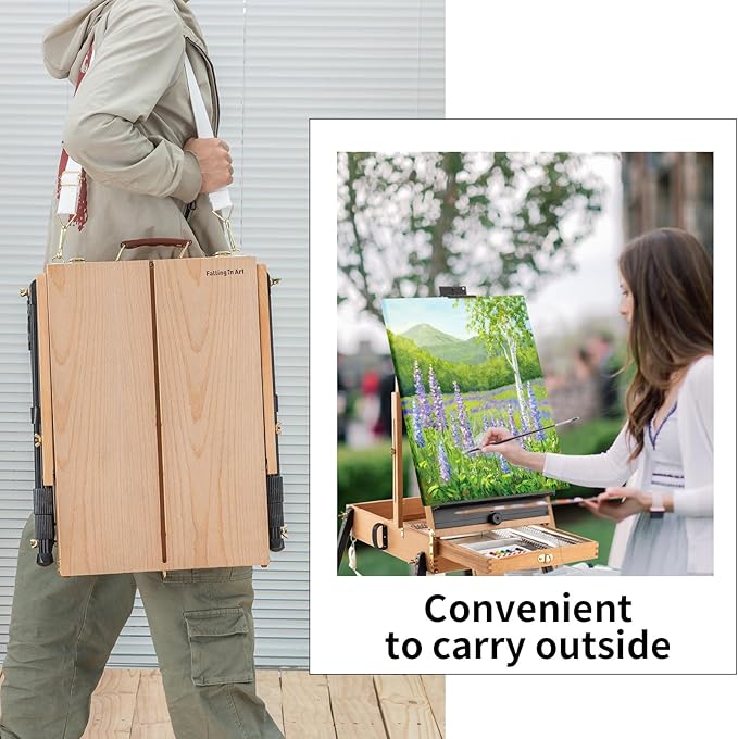Falling in Art 4 Legs Beechwood French Easel - Portable Plein Air Studio Easel Stand with Bigger Storage Drawer, Full Size Sketchbox Travel Easel for Painting, Drawing, Artwork Display, Natural