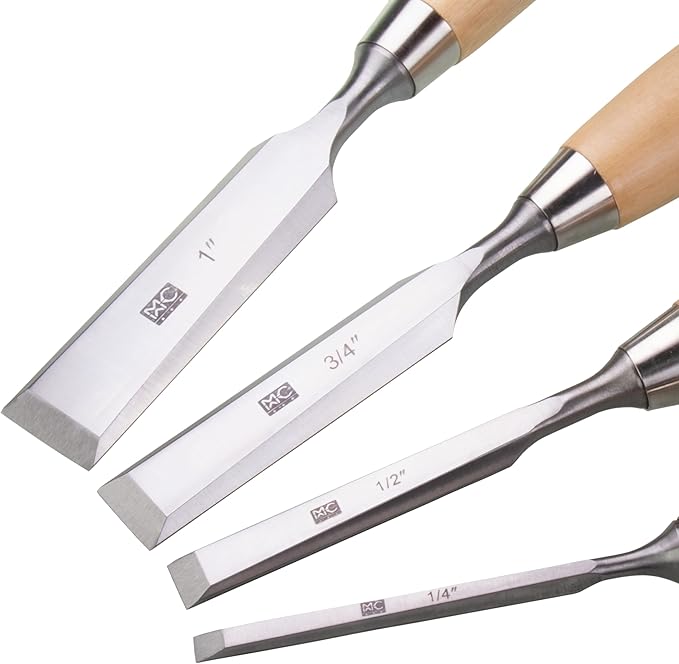 4 Piece Bevel Edge Butt Chisel Set 1/4 inch(6mm), 1/2 inch(12mm), 3/4 inch(20mm), 1 Inch(26mm) with Hornbeam Handles and Stainless Steel Ferrules