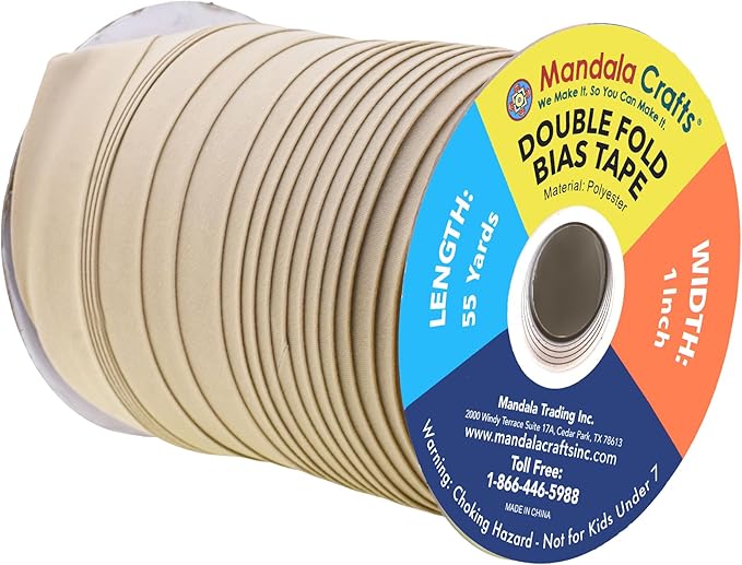Mandala Crafts 55 Yards 1 Inch Beige Double Fold Bias Tape for Sewing - Bias Binding Tape for Quilting Binding, Hemming, Seam, and Fabric Piping