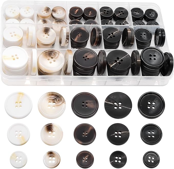 110Pcs Mixed Sewing Buttons, 4-Hole Craft Round Blazer Buttons, 5 Color 3 Size(15mm,20mm,25mm) Suit Coats Resin Button, Suitable for Variety Clothing Sewing, DIY Craft(White)