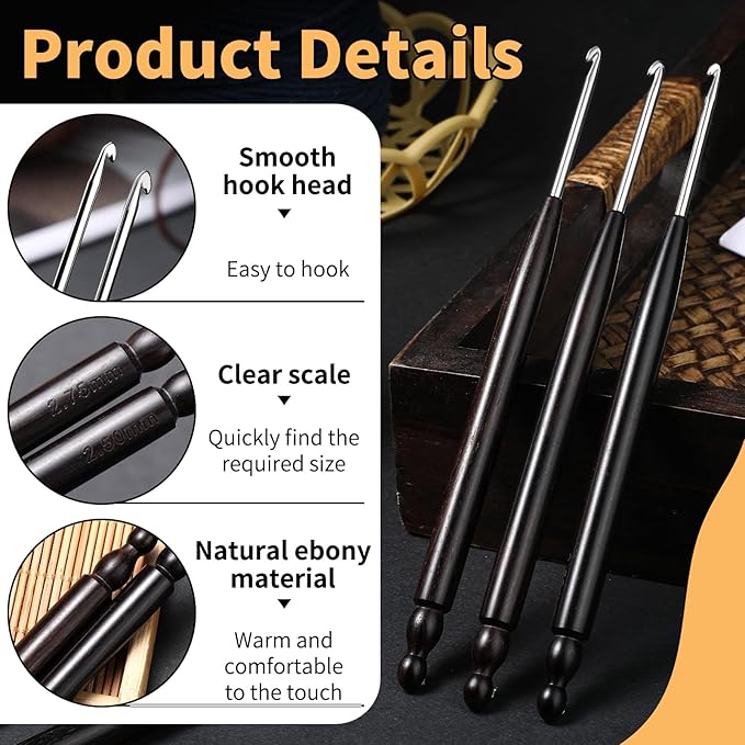 Hssugi Crochet Hooks, 2.5mm Small Crochet Hooks for Arthritic Hands with Wooden Handle, Ergonomic Crochet Needles for Beginners and Crocheting Yarn