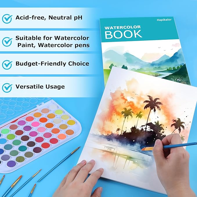 Hapikalor Watercolor Paper Pad, 9"x12" Water Color Paper, 140lb/300gsm Artist Painting Drawing Paper Book, Art Supplies for Adults Kids, Watercolors, Watercolor Paint Set, Sketchbook, Journal, Teal