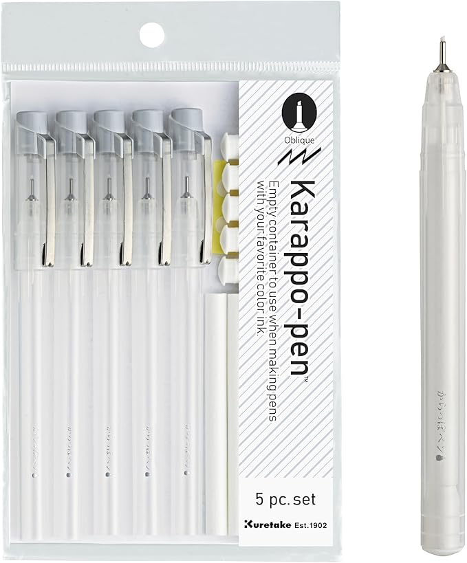 Kuretake Karappo Pen, 1mm Oblique tip 5pcs set, Empty refillable ink pen, for lettering, calligraphy, illustration, drawing, Made in Japan