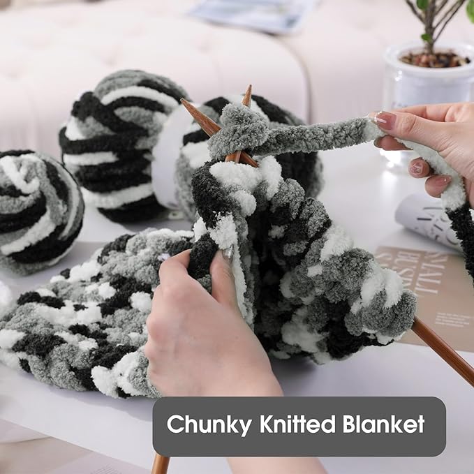 HOMBYS Grey Multi Chunky Chenille Yarn for Hand Knitting,Fluffy Soft Jumbo Yarn Crocheting,Super Bulky Big Yarn for Chunky Blanket,Large Thick Arm Knitting Yarn,8 Pack Plush Yarn