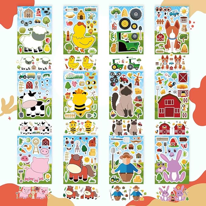 48 Sheets Make Your Own Stickers for Kids, Make a Farm Animal Face Sticker Sheets with Farm and Cute Animals for Kids Birthday Party Favors Supplies Teacher Reward