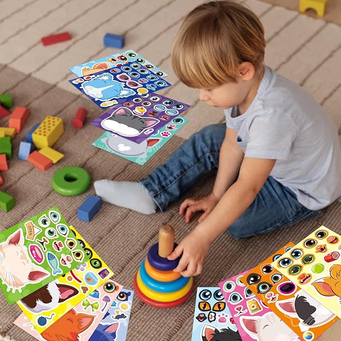 24 Sheets Cats Stickers for Kids, Make a Cat Face Stickers, Make You Own Cats Stickers Animal Stickers for Kids, Birthday Gift Party Favors Supplies Teacher Art Craft, Games School Activity Reward
