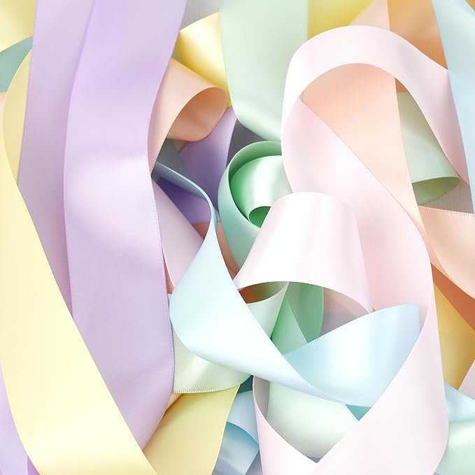 Pastel Ribbon Assortment - 1.5 Inch Double Face Rainbow Colored Satin Ribbon 6 Rolls, 30 Yards for Garland Baby Shower Crafts Birthday Party Wedding Easter's Day Christmas