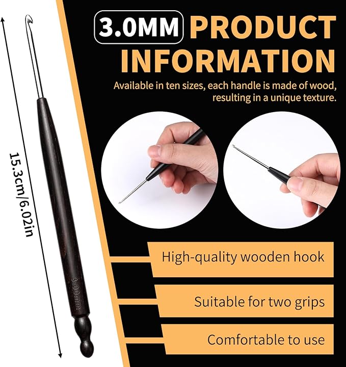 Hssugi Crochet Hooks, 3.0mm Small Crochet Hooks for Arthritic Hands with Wooden Handle, Ergonomic Crochet Needles for Beginners and Crocheting Yarn