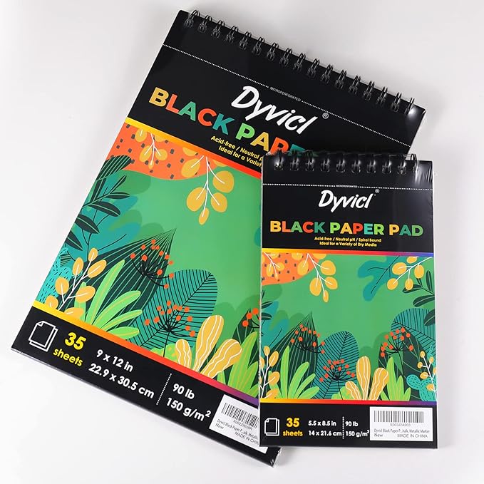 Dyvicl Black Paper Sketchbook 9"x12", 90 lb/150 GSM, 35 Sheets, Spiral Black Sketch Pad Drawing Paper for Pencil, Pastel, White Ink Gel Pen, Charcoal, Chalk, Metallic Marker, Paint Pen