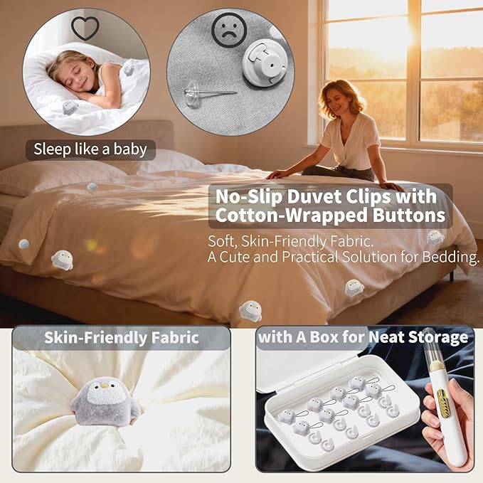 8 Pcs Duvet Clips with Pins Quilt Fixer,Non-Slip Duvet Cover Clips,Duvet Clips to Hold Comforter Inside,No Needles，Penguin Pattern(Inc Hook Tool,Storage Box)(Gray)