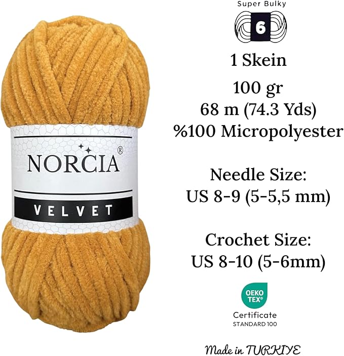 Soft Velvet Yarn Chenille Yarn for Crocheting Super Bulky (100g-3.50oz) (68m-74.3 yds) Baby Blanket Yarn for Knitting Amigurumi Yarn for Crochet Weaving Craft (Mustard, 1 Skein)