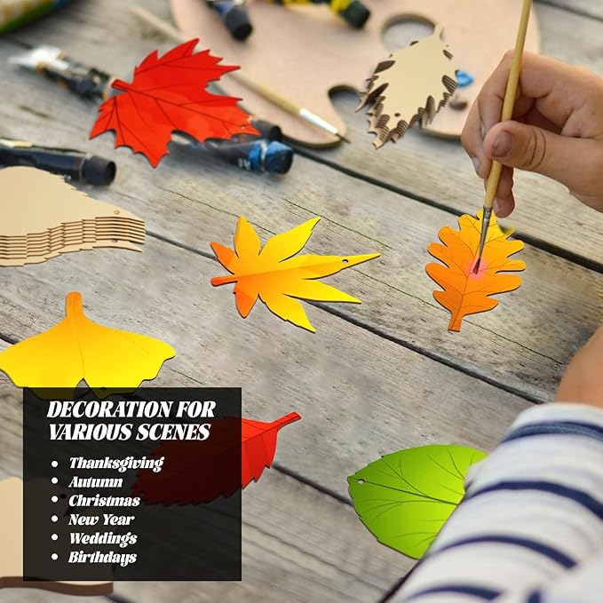 Subacy 80 PCS Unfinished Wood Cutouts 8 Styles DIY Wooden Crafts, Autumn Maple Ornaments Painting Kit for Kids, Birthday Thanksgiving Creativity Arts & Crafts (Maple Leaves)