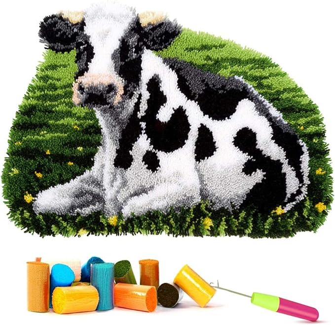 EMISTEM Latch Hook Kits for Adults - DIY Latch Hook Rug Kits, Crochet Kit for Beginners, Rug Making Kits with Printed Canvas, Gift Packaging. (Cow,21x16 inch)