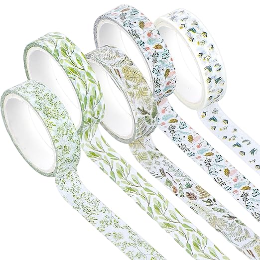 5 Rolls Cute Washi Tape, Green Floral Tape Creative Greens Thrive Decorative Tapes Skinny Slim Masking Tapes for Arts, DIY Crafts, Bullet Journals, Planners, Scrapbooking, Wrapping