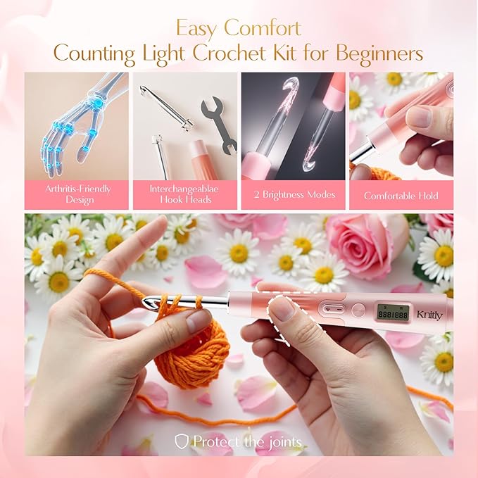 knitly Light Up Crochet Hooks Set with Digital Counter,18 Size Counting Crochet Hook with 2.0–14.0 mm Interchangeable Hooks,Ergonomic Crochet Kit&Gift for Arthritic Hands