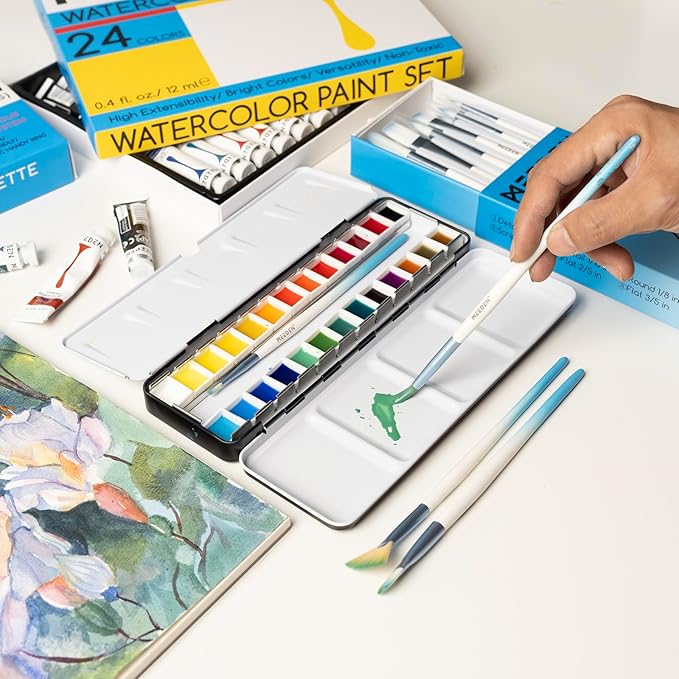 MEEDEN Empty Watercolor Paint Palette: Travel Water Color Palette Tin with 24 Half Pans - Portable Metal Palette Tin Box (Galaxy)