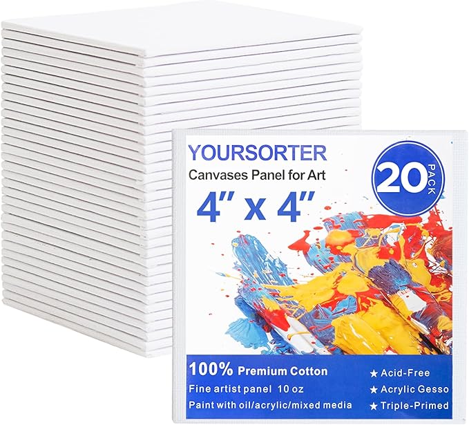 Mini Canvas for Painting 4x4 inch, 20 Pack Small Painting Canvases for Novices & Artists, Gesso Primed Acid-Free 100% Cotton, Blank Canvas Boards Panels for Oil, Watercolor, Acrylic, etc
