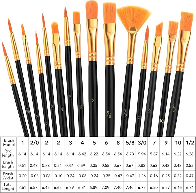 AROIC Acrylic Paint Brush Set,16 pack/240pcs Nylon Hair Oil Watercolor Rock Face Painting Artist Painting Brushes, 15 Sizes Paint Brush Set for All Purposes Kids Adult Arts Painting Brush Supplies.