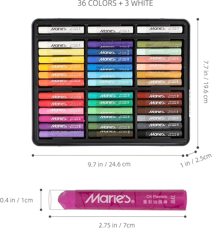 Marie's 36 Colors Oil Pastels with 3 Bonus White Pencils in Tin Box,Vibrant Colors for Smooth Blending & Layering, Oil Pastels for Artists, Students, Teachers & Beginners (10x70mm)