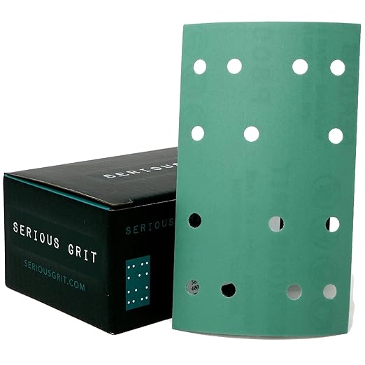 Serious Grit - 3" x 5" (80mm x 133mm) 14-Hole 800 Grit Sanding Sheets - Fits Festool RTS 400 & Mirka Deos 353 - Heavy-Duty Hook & Loop Film Abrasives - Sandpaper for Sheet Sanders - 50 Pack Box