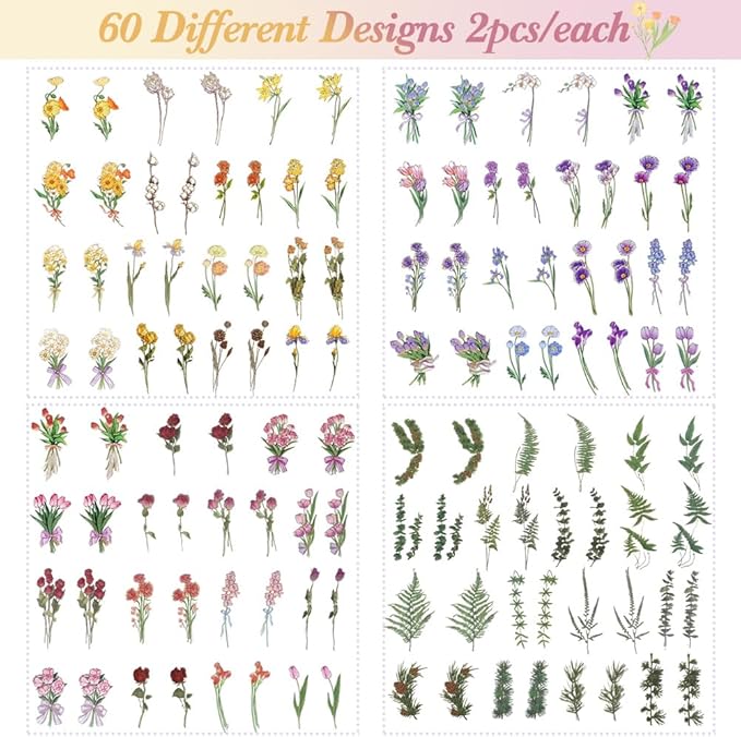 Natural Flower Stickers Set, Colorful Floral Plant PET Decals, Daisy Tulips Lily Rose Pine Branch Leaves Aesthetic Waterproof Stickers for Scrapbook Laptop Bottles DIY Crafts Journals